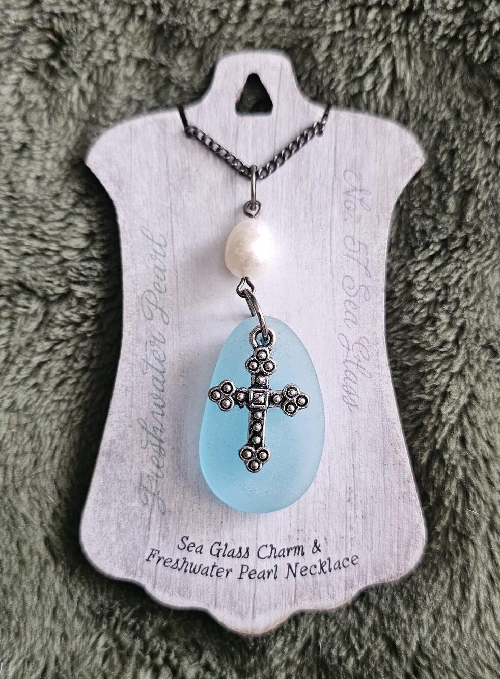 Sea Glass Cross & Freshwater Pearl Necklace